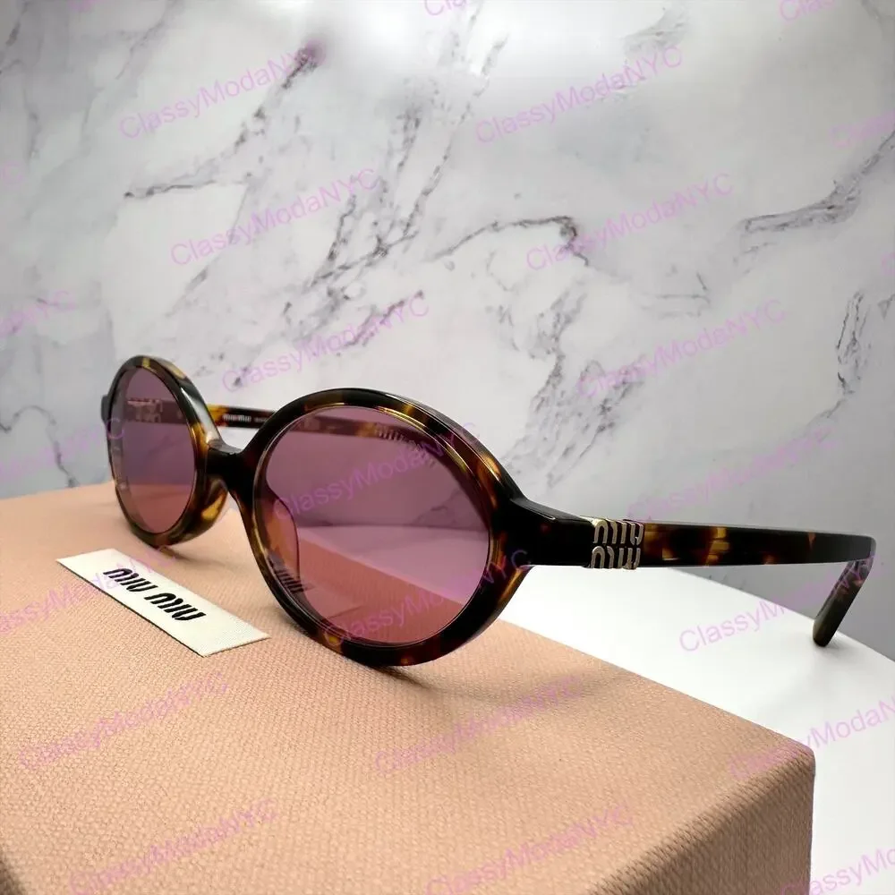 New MIU MIU Sunglasses Brown Tortoise Round Acetate Gold Metal Logo Authentic